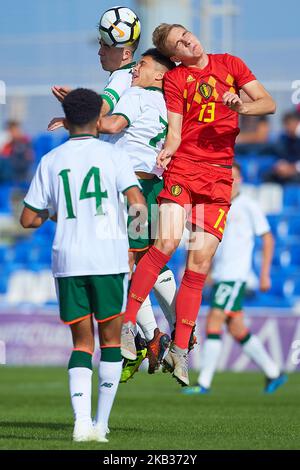 Lars Dendoncker of Belgium competes for the ball during the international friendly match between Belgium U18 and Ireland U18 at Pinatar Arena on November 15, 2017 in Murcia, Spain (Photo by Sergio Lopez/NurPhoto) Stock Photo