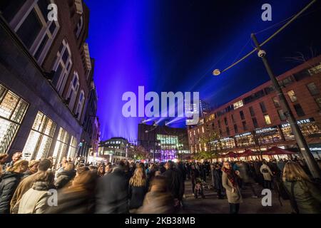 13th Light Festival GLOW in Eindhoven, Netherlands. GLOW takes place from 10 to 17 November 2018. Light art projects will illuminate buildings by artists from the Netherlands and abroad. The projects are all connected in a walking route through the city center making Eindhoven an open-air museum in the night. (Photo by Nicolas Economou/NurPhoto) Stock Photo