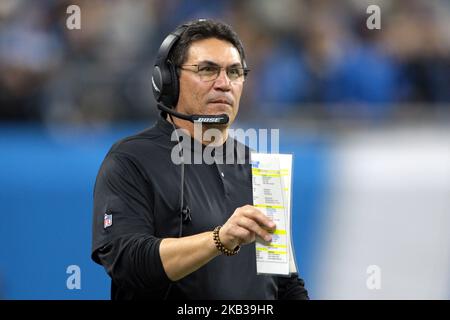 Carolina Panthers head coach Ron Rivera is seen during the second half of an NFL football game against the Detroit Lions in Detroit, Michigan USA, on Sunday, November 18, 2018. (Photo by Jorge Lemus/NurPhoto) Stock Photo
