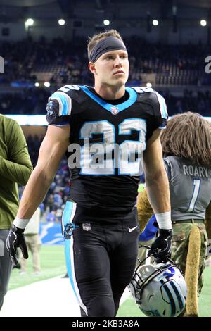 Carolina Panthers running back Christian McCaffrey (22) walks off the field after an NFL football game against the Carolina Panthers in Detroit, Michigan USA, on Sunday, November 18, 2018. (Photo by Amy Lemus/NurPhoto) Stock Photo