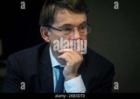 Emmanuel Barbe, inter-ministerial delegate for road safety, talks with company managers present at the 20th anniversary of the Rhône Road Safety Club, in Lyon, France, on 22 November 2018. (Photo by Nicolas Liponne/NurPhoto) Stock Photo