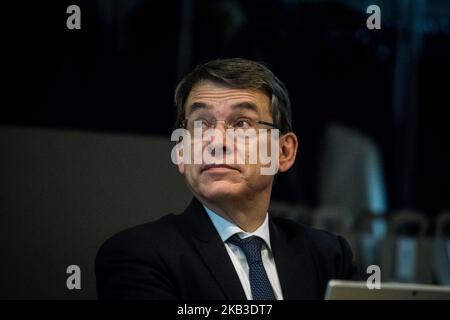 Emmanuel Barbe, inter-ministerial delegate for road safety, talks with company managers present at the 20th anniversary of the Rhône Road Safety Club, in Lyon, France, on 22 November 2018. (Photo by Nicolas Liponne/NurPhoto) Stock Photo