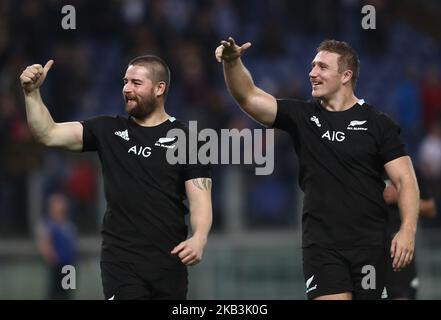 Italy v New Zealand All Blacks - Rugby Cattolica Test Match New Zealands Dane Coles and Nathan Harris greeting the supporters at Olimpico Stadium in Rome, Italy on November 24, 2018 (Photo by Matteo Ciambelli/NurPhoto)  Stock Photo
