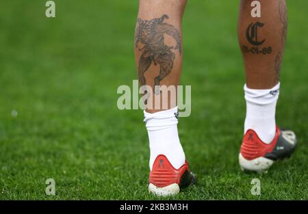 Legs of a Real Madrid Football player plays with UEFA Champions League ...