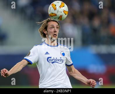 Rasmus Falk of FC Copenhagen vie for the ball during the Group C match of the UEFA Europa League between FC Zenit Saint Petersburg and FC Copenhagen at Saint Petersburg Stadium on November 29, 2018 in St.Petersburg, Russia. (Photo by Igor Russak/NurPhoto) Stock Photo