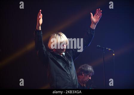 English rock band The Charlatans perform live at Wembley Arena as they are joined on stage by James's singer Tim Booth in London, UK on December 7, 2018. The current line up is made by Tim Burgess (vocals), Mark Collins (guitar), Martin Blunt (bass) and Tony Rogers (keyboards). (Photo by Alberto Pezzali/NurPhoto) Stock Photo