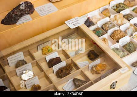 Collection of minerals on counter in souvenir shop Stock Photo