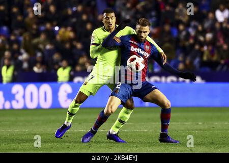 Jeison Murillo of FC Barcelona (L) in action against Levante's forward Borja Mayoral during spanish King Cup match between Levante UD v FC Barcelona at Ciutat de Valencia Stadium on January 10, 2018 in Valencia, Spain. (Photo by Jose Miguel Fernandez/NurPhoto) (Photo by Jose Miguel Fernandez/NurPhoto) Stock Photo