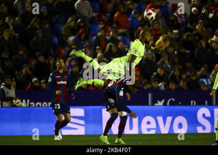 ALEIX VIDAL of FC Barcelona (T) and Levante's defender Ruben Rochina (B) during spanish King Cup match between Levante UD v FC Barcelona at Ciutat de Valencia Stadium on January 10, 2018 in Valencia, Spain. (Photo by Jose Miguel Fernandez/NurPhoto) (Photo by Jose Miguel Fernandez/NurPhoto) Stock Photo