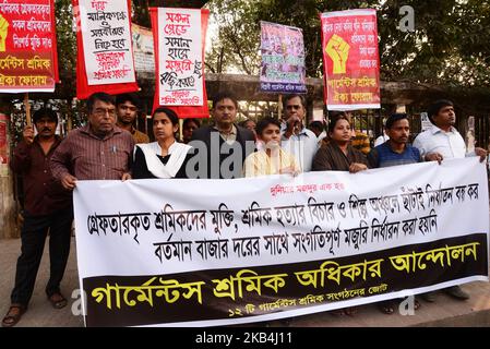 Bangladesh Garments workers Rights Movement held a protest rally to demands immediate release arrested workers during last workers strike and sacked workers from different garment factory for jointed that workers strike, in Dhaka, Bangladesh. On January 16, 2019 (Photo by Mamunur Rashid/NurPhoto) Stock Photo