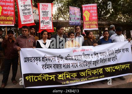 Bangladesh Garments workers Rights Movement held a protest rally to demands immediate release arrested workers during last workers strike and sacked workers from different garment factory for jointed that workers strike, in Dhaka, Bangladesh. On January 16, 2019 (Photo by Mamunur Rashid/NurPhoto) Stock Photo