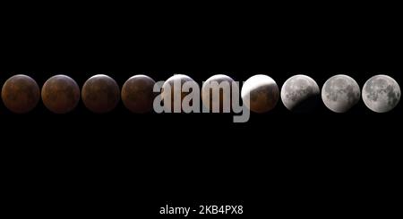 The Super Blood Wolf Moon, a total lunar eclipse on January 21, 2019 as seen from Eindhoven, The Netherlands in Europe. (Photo by Nicolas Economou/NurPhoto) Stock Photo