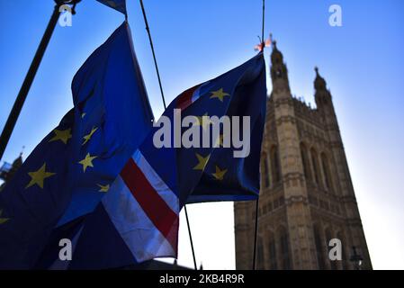 European Union and British flags wave and placard are displayed outside the Parliament, to protest against Brexit in London, UK on January 22, 2019. The Prime Minister outlined Plan B for her Brexit deal to MPs yesterday. It included scrapping the £65 settled status fee for EU citizens and considerations given to amendments to the deal on workers' rights, no no-deal and the Irish Backstop. (Photo by Alberto Pezzali/NurPhoto) Stock Photo