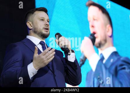 Andriy Biletsky, the leader of the National Corps Ukrainian nationalists party, (C) speaks during a solemn convention of the National Corps party in Kiev, Ukraine, 25 January, 2019. Andriy Biletsky declared that he would not take part in the presidential elections on March 31, but the National Corps party would take part in the parliamentary elections to be held in the autumn of 2019. (Photo by NurPhoto) Stock Photo