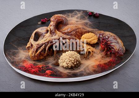 An anatomical human parts, brains, guts, skulls, and bones dinner theme, combined with voodoo rituals and served on a plate on grey background Stock Photo