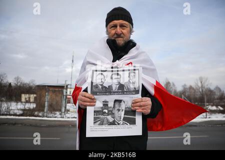 Far-right activists and nationalistic groups march through the streets of Osiwecim city to Auschwitz concentraation camp during the 74th anniversary of the liberation of the Nazi death camp. Oswiecim, Poland on 27 January, 2019. The organizers of the march accuse of remembering only Jews and not murdered Poles in Auschwitz. (Photo by Beata Zawrzel/NurPhoto) Stock Photo