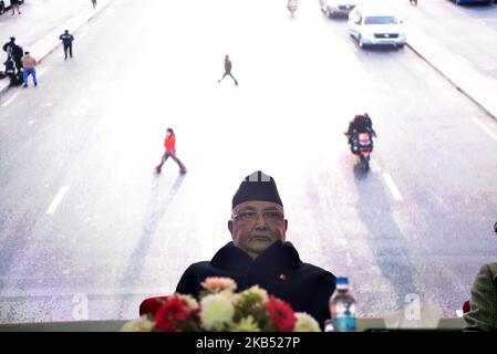 Prime Minister KP Sharma Oli arrives in the handover ceremony of China aided Kathmandu ring road improvement project in Kathmandu, Nepal on Monday, January 28, 2019. Kalanki to Koteshwor Kathmandu ring road improvement project with the total length of 10.4Km jointly inaugurated by Prime Minister KP Sharma Oli and Chinese Ambassador to Nepal Hou Yanqi. (Photo by Narayan Maharjan/NurPhoto) Stock Photo