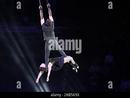 Artists perform during the International show program 'Black and white, up and down' at the Ukrainian National Circus in Kiev, Ukraine, 01 February, 2019. The circus programm of artists of a modern circus from Germany for the first time will staged in Ukraine, and will held till 21 April 2019. (Photo by STR/NurPhoto) Stock Photo