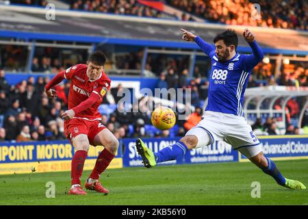 BIRMINGHAM, UK 2ND FEBRUARY. Birmingham City Defender Maxime Colin (5) attempt to block a cross from Joe Lolley (23) of Nottingham Forest during the Sky Bet Championship match between Birmingham City and Nottingham Forest at St Andrews in Birmingham, UK on Saturday February 2, 2019. (Photo by MI News/NurPhoto) Stock Photo