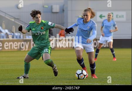 Andrea Carid (Watford) tried to prevent Manchester City’s Georgia Stanway from attacking during the SSE Women's FA Cup fourth round football match between Manchester City Women and Watford Ladies at Academy Stadium, on February 3, in Manchester, England. (Photo by Action Foto Sport/NurPhoto) Stock Photo