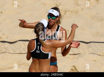 Alix Klineman and April Ross (USA) celebrate during the Beach Volley Rome World Tour Finals Main Draw Pool B match at the Foro Italico in Rome, Italy on September 5, 2019 (Photo by Matteo Ciambelli/NurPhoto) Stock Photo