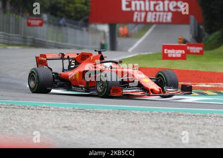 Ferrari's German driver Sebastian Vettel drives during the second practice session at the Autodromo Nazionale circuit in Monza on September 6, 2019 ahead of the Italian Formula One Grand Prix. (Photo by Marco Serena/NurPhoto) Stock Photo