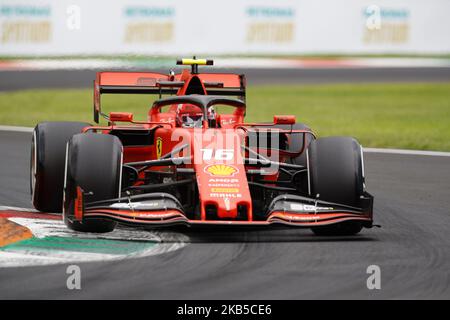Ferrari's Monegasque driver Charles Leclerc drives during the first practice session at the Autodromo Nazionale circuit in Monza on September 6, 2019 ahead of the Italian Formula One Grand Prix. (Photo by Marco Serena/NurPhoto) Stock Photo