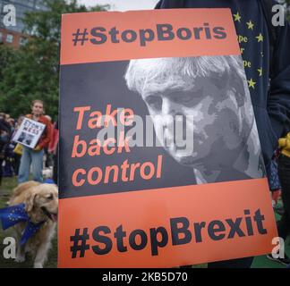 A placard is showing the face of Britain's Prime Minister Boris Johnson during a protest march in Sheffield , England , on 7th September 2019. (Photo by Giannis Alexopoulos/NurPhoto) Stock Photo