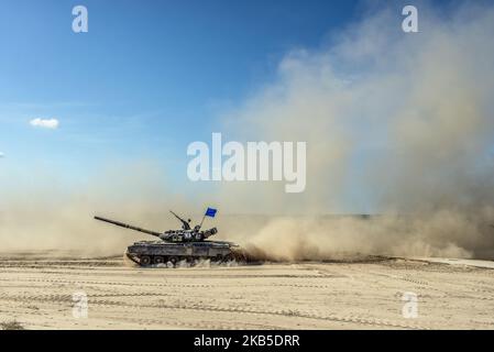 The tactical training for the tank forces of the Ukrainian Army performs at the proving grounds in Honcharivske, Chernihiv Oblast, Ukraine, on September 7, 2019. During the technical demonstration of the tanks, the units were firing with live ammunition and showed the practical use of the anti-tank missiles. Based on the training results, the best tank units were awarded the trophies and the diplomas. (Photo by Oleksandr Rupeta/NurPhoto) Stock Photo