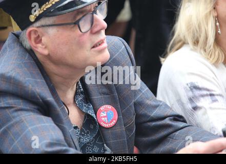Anti-Brexit demonstrator with 'better together' botton at Parlament Square on Saturday, September 7, 2019. The protests took place amid strong tension in UK's parlament where PM Boris Johnson's no-deal Brexit plans were rejected this week. Pro-Brexit protesters were present as well and clashed with the police forces. Both sides accuse politicians of betraying democratic values. (Photo by Dominika Zarzycka/NurPhoto) Stock Photo