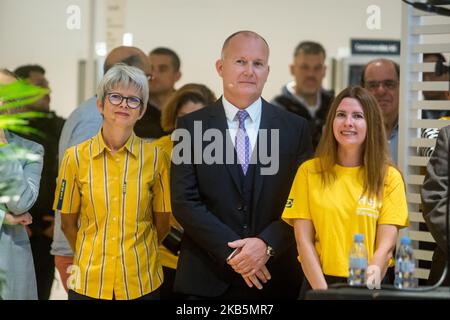 Ikea France CEO Walter Kadnar (C) and Ikea store manager Catherine Arnoux (L) attend inauguration of the Ikea store in the Grand Lyon Parilly area in Venissieux near Lyon, France, on September 10, 2019. (Photo by Nicolas Liponne/NurPhoto) Stock Photo