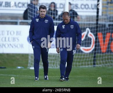 L-R Dmitri Halajko Coach and Steve Potts of West Ham United during Premier League International Cup match between West Ham United and Valencia 'B' at The Chigwell Construction Stadium in Dagenham, England on September 11, 2019 (Photo by Action Foto Sport/NurPhoto) Stock Photo