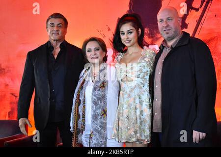 (L-R) Alejandra Barraza, Sylvester Stallone, Yvette Monreal and Director Adrian Grunberg poses for photos during Rambo: Last Blood film press conference at Four Season Hotel on September 12, 2019 in Mexico City, Mexico (Photo by Eyepix/NurPhoto) Stock Photo