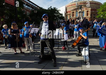 Anti-Brexit demonstrators stage 'Thank EU for the Music' concert and EU flag giveaway outside Royal Albert Hall ahead of the Last Night of the Proms on 14 September, 2019 in London, England. Protesters plan to give away thousands of EU flags at this year’s BBC Last Night of the Proms for the traditional flag flying as the concert is broadcast on television. (Photo by WIktor Szymanowicz/NurPhoto) Stock Photo