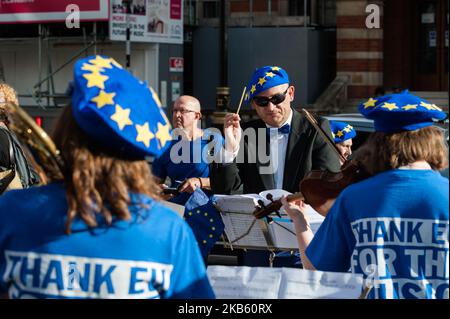 Anti-Brexit demonstrators stage 'Thank EU for the Music' concert and EU flag giveaway outside Royal Albert Hall ahead of the Last Night of the Proms on 14 September, 2019 in London, England. Protesters plan to give away thousands of EU flags at this year’s BBC Last Night of the Proms for the traditional flag flying as the concert is broadcast on television. (Photo by WIktor Szymanowicz/NurPhoto) Stock Photo