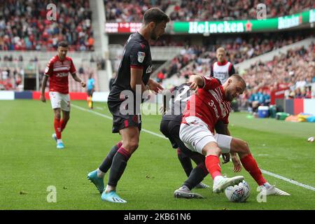Lewis Wing of Middlesbrough battles for possession with Reading's Andy Yiadom during the Sky Bet Championship match between Middlesbrough and Reading at the Riverside Stadium, Middlesbrough on Saturday 14th September 2019. ((Photo by Mark Fletcher/MI News/NurPhoto)) Stock Photo