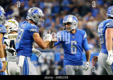 Detroit Lions punter Sam Martin (6) is congratulated by Detroit Lions tight end Jesse James (83) after a successful extra point kick during the second half of an NFL football game against the Los Angeles Chargers in Detroit, Michigan USA, on Sunday, September 15, 2019. (Photo by Amy Lemus/NurPhoto) Stock Photo