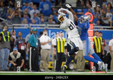 Los Angeles Chargers wide receiver Mike Williams (81) catches a pass over Detroit Lions cornerback Rashaan Melvin (29) during the second half of an NFL football game in Detroit, Michigan USA, on Sunday, September 15, 2019 (Photo by Jorge Lemus/NurPhoto) Stock Photo