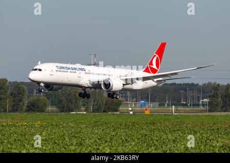 Turkish Airlines Boeing 787-9 Dreamliner aircraft arriving, seen on final approach, touch down on the runway, landing at Amsterdam Schiphol International Airport AMS EHAM in the Netherlands. The modern and advanced wide-body airplane has the registration TC-LLB, 2x GEnx-1B jet engine and is the airline 's newest addition and type. The airplane is flying since July 2019. TK THY connects the Dutch capital with Turkey new Istanbul IST LTFM airport and Istanbul Sabiha Gökçen SAW. TK is the flag carrier of Turkey and the largest carrier in the world by destinations, member of Star Alliance aviation Stock Photo