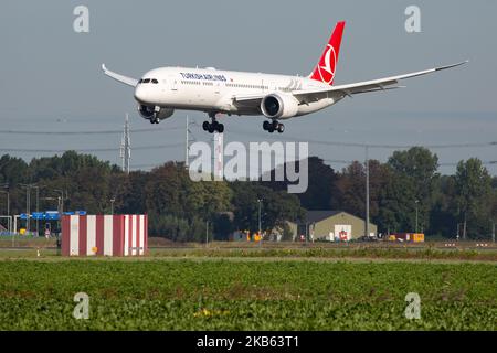 Turkish Airlines Boeing 787-9 Dreamliner aircraft arriving, seen on final approach, touch down on the runway, landing at Amsterdam Schiphol International Airport AMS EHAM in the Netherlands. The modern and advanced wide-body airplane has the registration TC-LLB, 2x GEnx-1B jet engine and is the airline 's newest addition and type. The airplane is flying since July 2019. TK THY connects the Dutch capital with Turkey new Istanbul IST LTFM airport and Istanbul Sabiha Gökçen SAW. TK is the flag carrier of Turkey and the largest carrier in the world by destinations, member of Star Alliance aviation Stock Photo