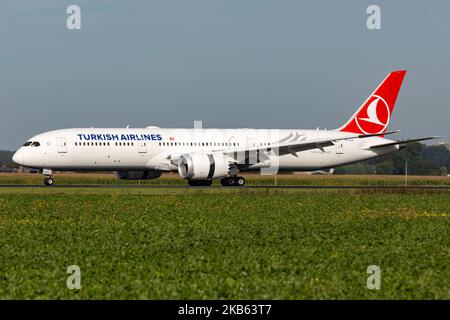 Turkish Airlines Boeing 787-9 Dreamliner aircraft arriving, seen on final approach, touch down on the runway, landing at Amsterdam Schiphol International Airport AMS EHAM in the Netherlands. The modern and advanced wide-body airplane has the registration TC-LLB, 2x GEnx-1B jet engine and is the airline 's newest addition and type. The airplane is flying since July 2019. TK THY connects the Dutch capital with Turkey new Istanbul IST LTFM airport and Istanbul Sabiha Gökçen SAW. TK is the flag carrier of Turkey and the largest carrier in the world by destinations, member of Star Alliance aviation Stock Photo