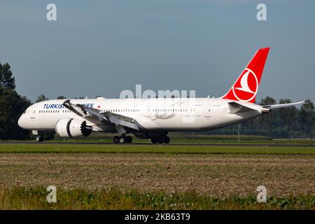 Turkish Airlines Boeing 787-9 Dreamliner aircraft arriving, seen on final approach, touch down on the runway, landing at Amsterdam Schiphol International Airport AMS EHAM in the Netherlands. The modern and advanced wide-body airplane has the registration TC-LLB, 2x GEnx-1B jet engine and is the airline 's newest addition and type. The airplane is flying since July 2019. TK THY connects the Dutch capital with Turkey new Istanbul IST LTFM airport and Istanbul Sabiha Gökçen SAW. TK is the flag carrier of Turkey and the largest carrier in the world by destinations, member of Star Alliance aviation Stock Photo