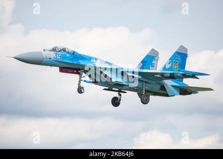 Sukhoi SU 27 Flanker 39 of the Ukrainian Air Force with blue