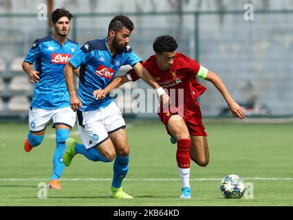 Rafail Mamas of Napoli and Curtis Jones of Liverpool during the UEFA Youth League Group E match SSC Napoli v Liverpool Fc at the Ianniello Stadium in Naples, Italy on September 17, 2019 (Photo by Matteo Ciambelli/NurPhoto) Stock Photo