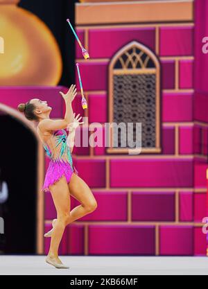 Isabella Schultz of Denmark during the 37th Rhythmic Gymnastics World Championships at the National Gymnastics Arena in Baku, Azerbaijan on September 18, 2019. (Photo by Ulrik Pedersen/NurPhoto) Stock Photo