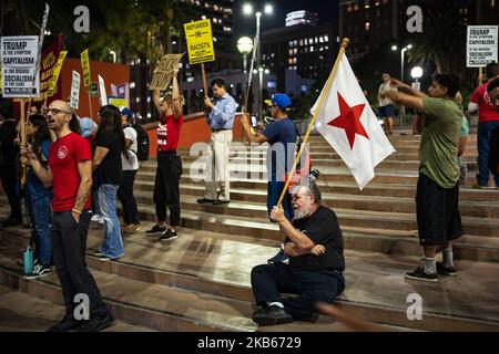 Anti Trump protestors rally in downtown during President Trump's visit to Los Angeles, California on September 17, 2019. (Photo by Ronen Tivony/NurPhoto) Stock Photo