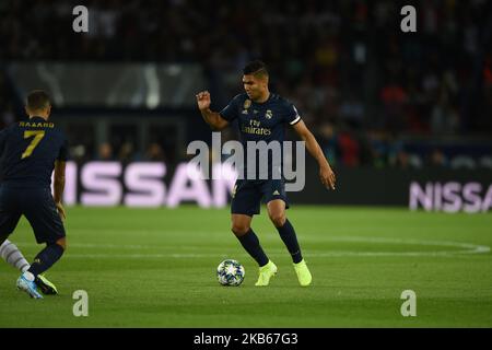 Brazilian midfielder Casermiro, born in 1992, Real Madrid midfielder, plays during the Paris Saint German - Real Madrid match, valid for the first day of round A of the Champions League season 2020, held at the 'Parc des Princes' stadium in Paris, ?le-de-France, France, on September 18, 2019 (Photo by Andrea Diodato/NurPhoto) Stock Photo