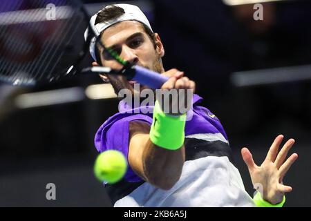 Karen Khachanov of Russia returns the ball to Joao Sousa of Portugal during Round of 16 match of the St.Petersburg Open ATP tennis tournament in St.Petersburg, Russia, 19 September 2019. (Photo by Igor Russak/NurPhoto) Stock Photo