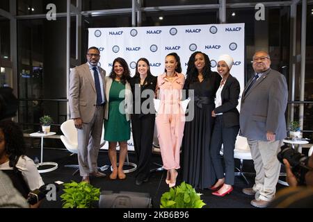 L-R: NAACP President and CEO, Derrick Johnson, Rep. Rashida Tlaib, Rep. Alexandria Ocasio-Cortez, political strategist & CNN political commentator Angela Rye, Rep. Ayanna Pressley, Rep. Ilhan Omar, and NAACP Chairman Leon W. Russell, pose for a photo after the NAACP town hall during the Congressional Black Caucus Foundation’s (CBCF) 49th Annual Legislative Conference (ALC), addressing the 2020 census, voting rights, and the upcoming presidential election. The town hall took place at the Walter E. Washington Convention Center in Washington, D.C., on Wednesday, September 11, 2019. (Photo by Cher Stock Photo