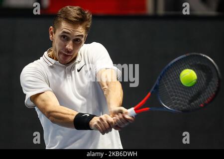 Egor Gerasimov of Belarus returns the ball to Matteo Berrettini of Italy during their ATP St. Petersburg Open 2019 quarter-final match on September 21, 2019 in Saint Petersburg, Russia. (Photo by Mike Kireev/NurPhoto) Stock Photo